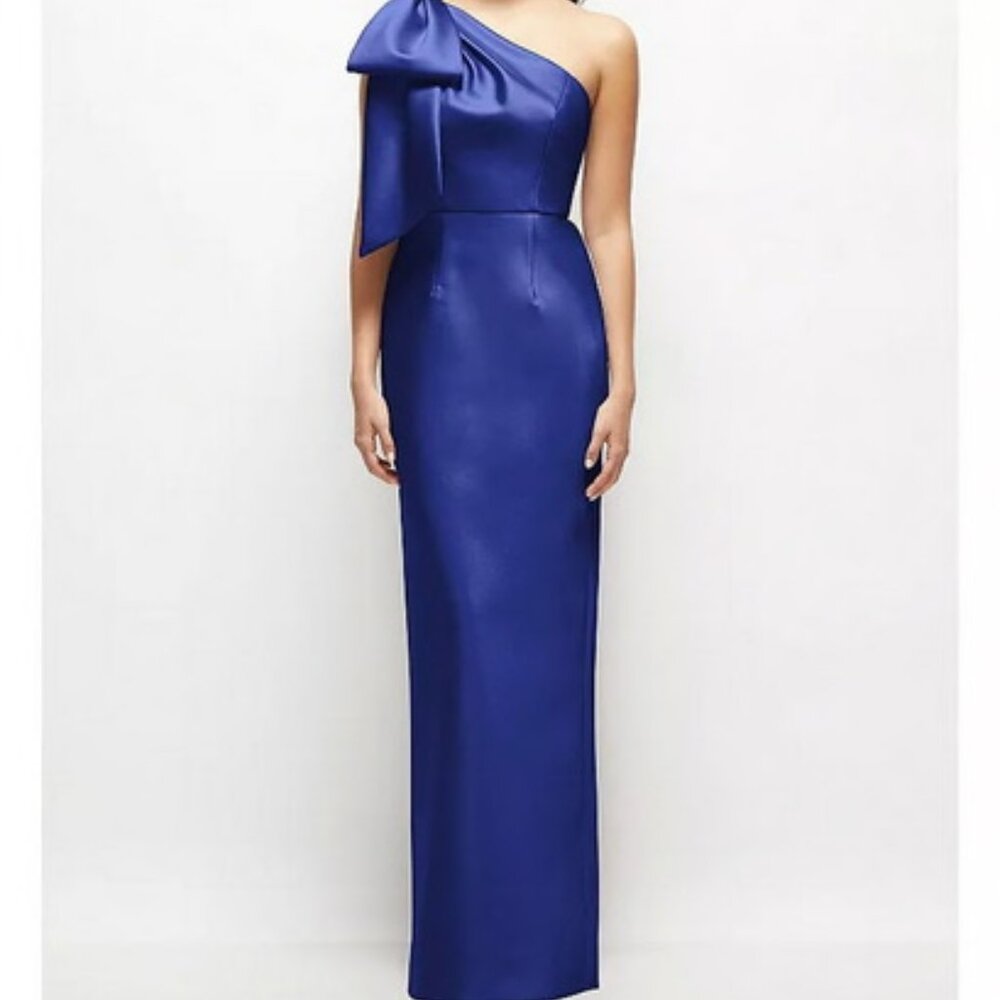 ALFRED SUNG Royal Blue One-Shoulder Satin Maxi Dress with Oversized Bow